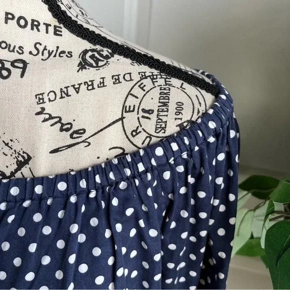 Lauren Ralph Lauren Off Shoulder Polka Dot Button Down Top Blue Sz M - Picture 2 of 15